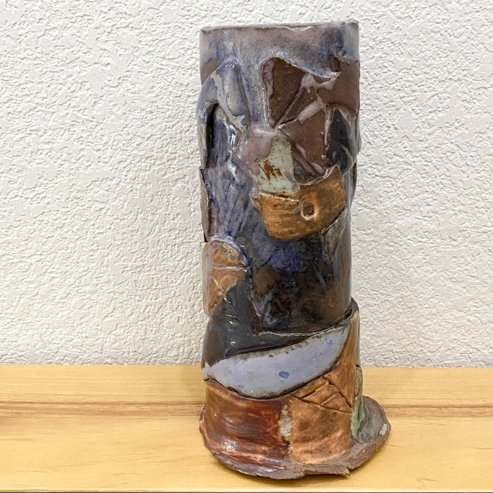 Vintage Unique Brutalist Clay Pottery Signed Hobbyist? 9.5” Cylindrical Vase